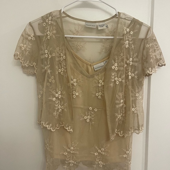 Newport News Tops - Vintage Lace Sheer Fairycore Boho Tan Floral Lace Blouse
